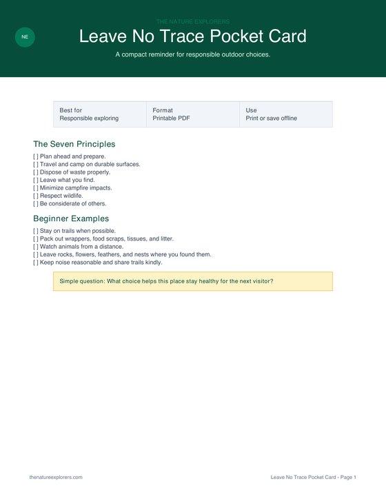 Preview of the Leave No Trace Pocket Card printable PDF