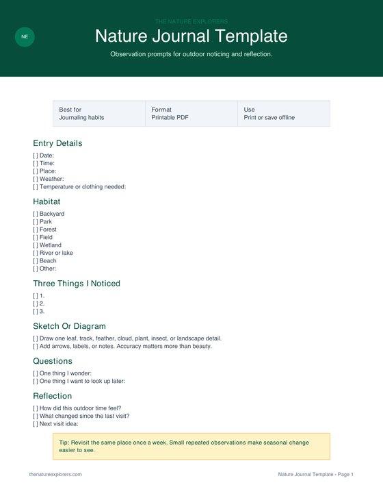 Preview of the Nature Journal Template printable PDF
