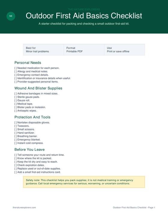 Preview of the Outdoor First Aid Basics Checklist printable PDF