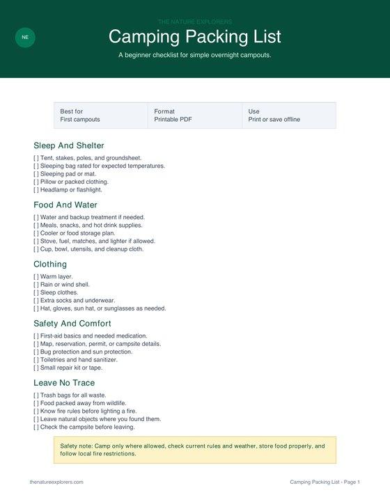 Preview of the Camping Packing List printable PDF