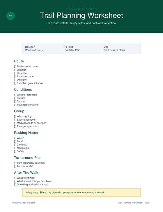 Preview of the Trail Planning Worksheet printable PDF