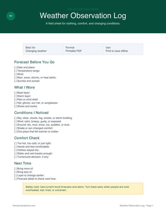 Preview of the Weather Observation Log printable PDF